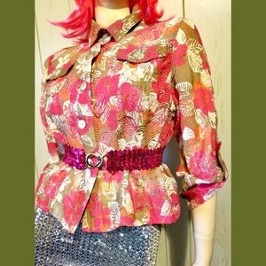 Vintage Ruby Rd. Favorites Boho Retro Floral Button down Top